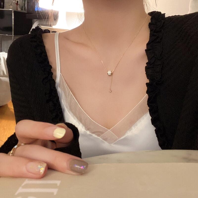 高級感キャッツアイ石純銀ネックレス女性軽量贅沢デザイン感ペンダント鎖骨チェーンネックチェーン_2