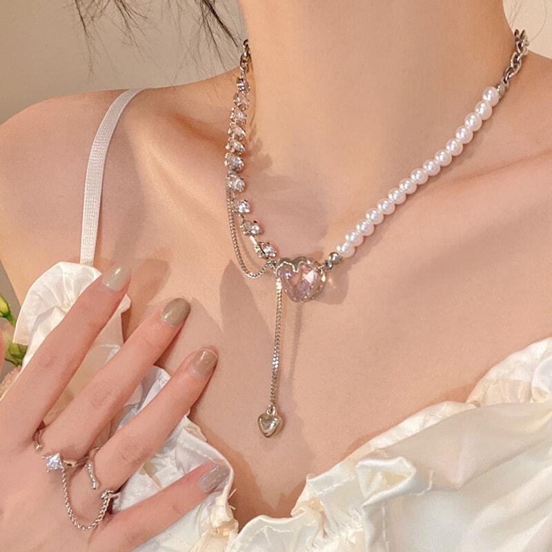 ハートパッチワークパールネックレス女性軽贅沢デザイン感高級鎖骨チェーンファッションネックチェーン_1