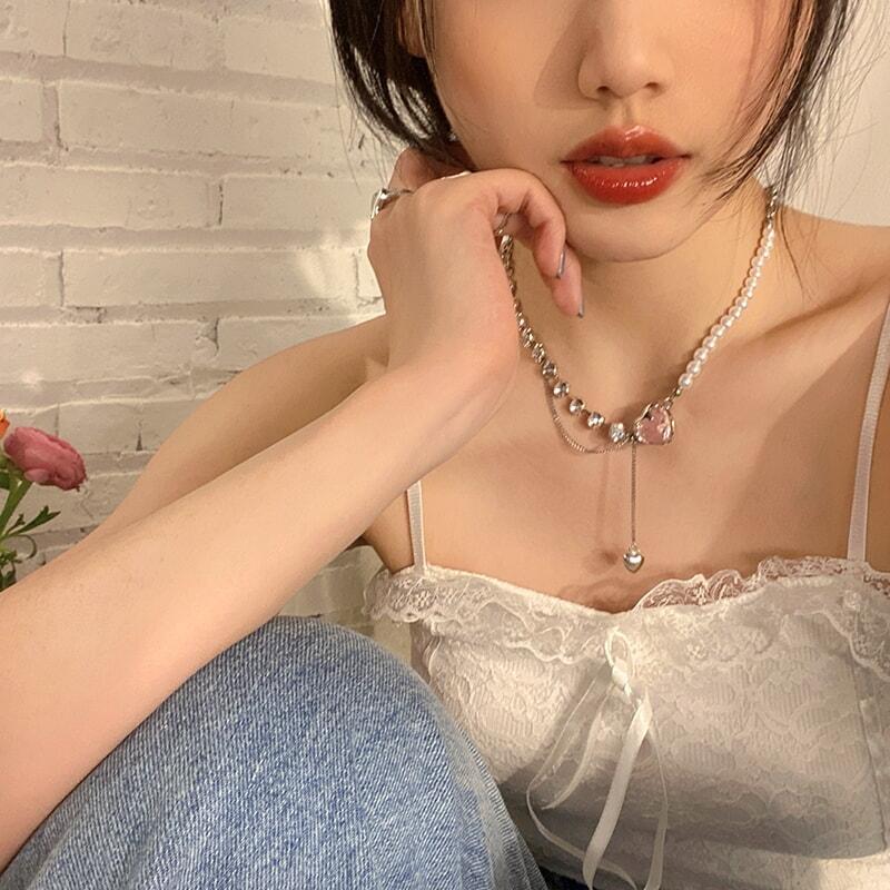 ハートパッチワークパールネックレス女性軽贅沢デザイン感高級鎖骨チェーンファッションネックチェーン_2