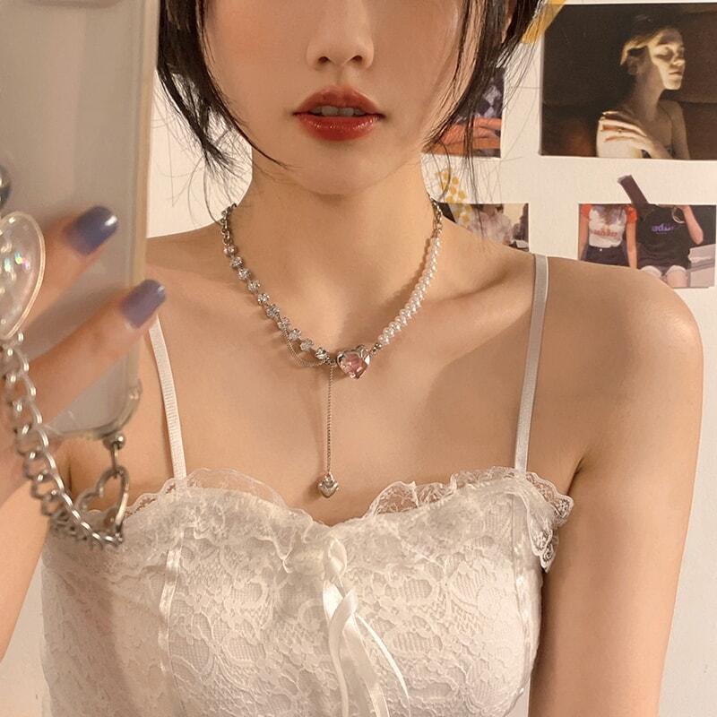 ハートパッチワークパールネックレス女性軽贅沢デザイン感高級鎖骨チェーンファッションネックチェーン_3