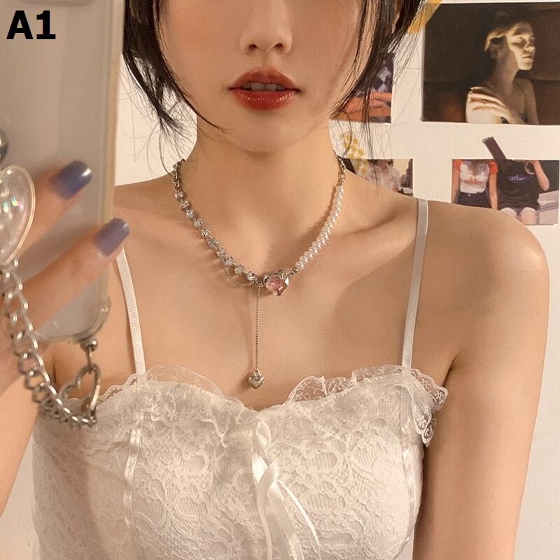 ハートパッチワークパールネックレス女性軽贅沢デザイン感高級鎖骨チェーンファッションネックチェーン_6