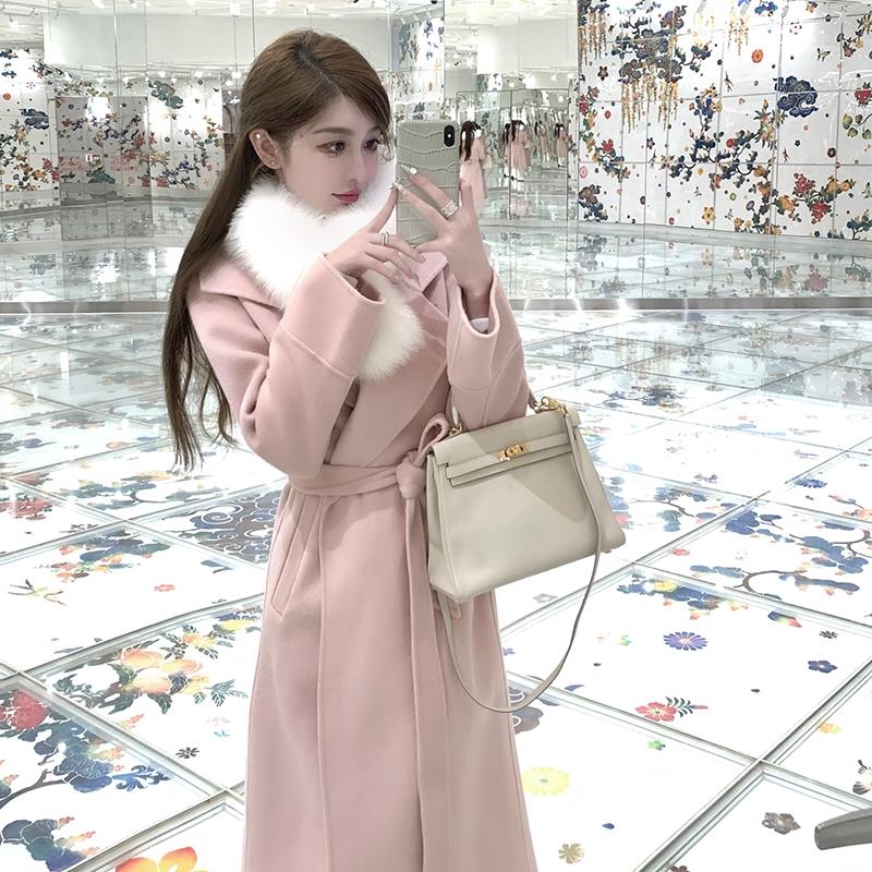 ピンクリバーシブルコート女秋冬高級感リボンミディアムウールラシャファーコート_4