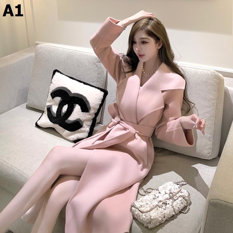 ピンクリバーシブルコート女秋冬高級感リボンミディアムウールラシャファーコート_6