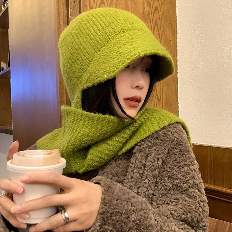 緑の帽子マフラー一体女性冬の韓国版保温ニット毛糸帽子小人数デザイン