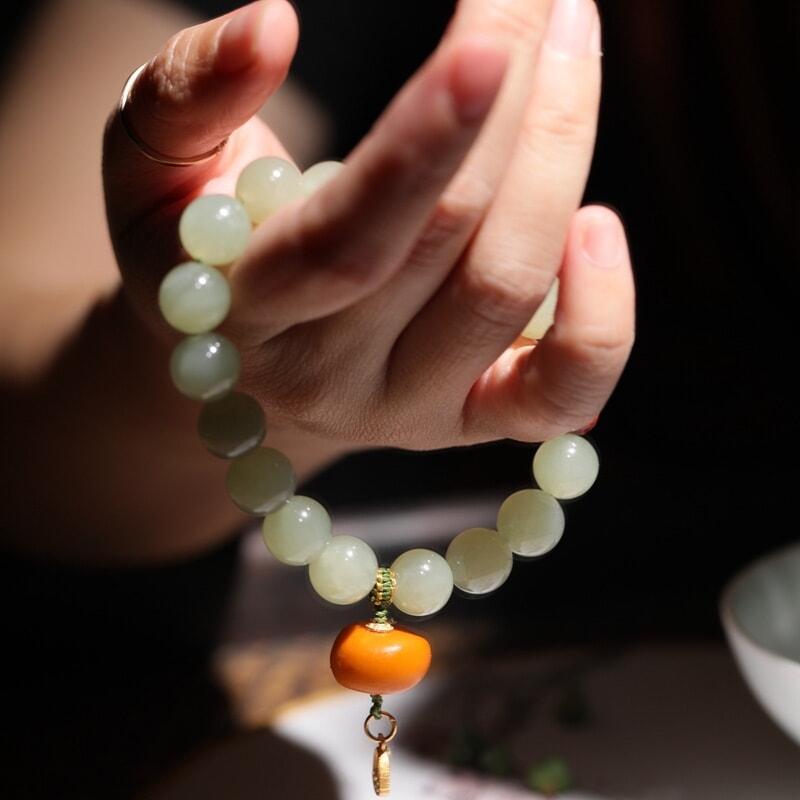 秋影天然和田玉晴水料老蜜蝋女性型民族風レトロ風ビーズ手串ブレスレット_3