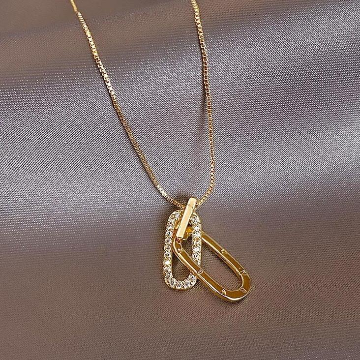精緻楕円形ダブルリングペンダントネックレス軽量で贅沢なファッションセーターチェーン_1
