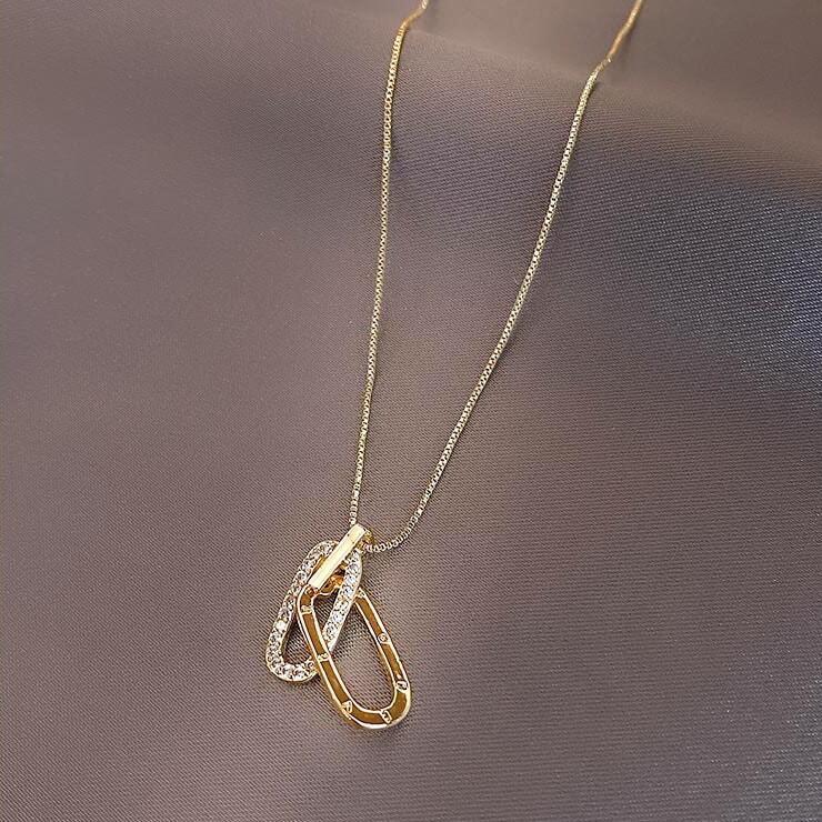 精緻楕円形ダブルリングペンダントネックレス軽量で贅沢なファッションセーターチェーン_2