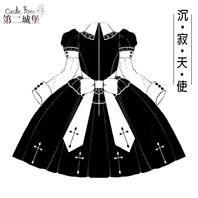 第二の城オリジナルLolita半袖ゴシック黒黒暗紋取り外し可能袖ワンピース_2