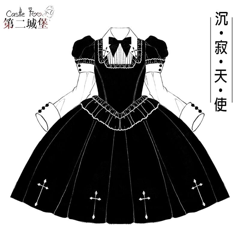 第二の城オリジナルLolita半袖ゴシック黒黒暗紋取り外し可能袖ワンピース_4