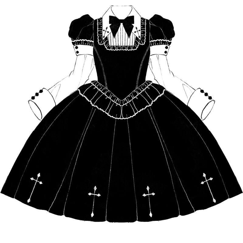 第二の城オリジナルLolita半袖ゴシック黒黒暗紋取り外し可能袖ワンピース_5