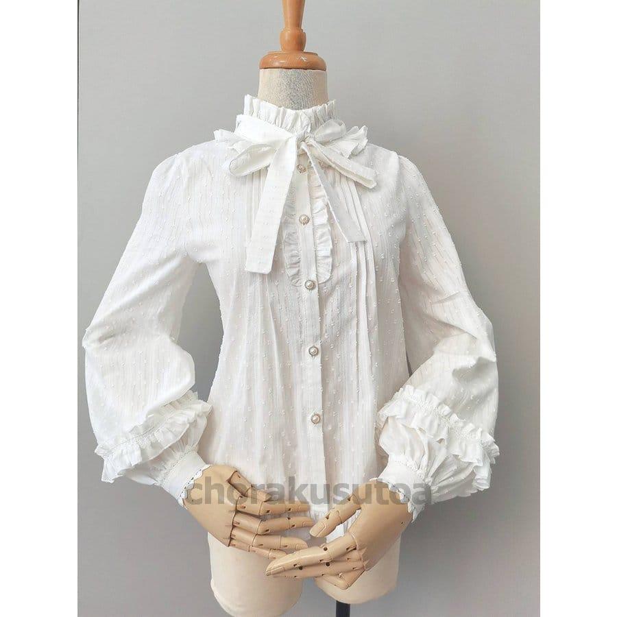 ロリータ ブラウス 春秋 長袖 Lolita ゴスロリ ボリューム袖 ランタンスリーブ ホワイト リボン クラシカル クラロリ 姫ロリ ハイネック | 