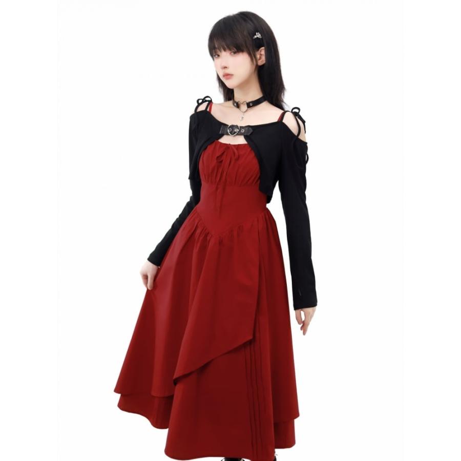 バスクウエストフリルレッドスリップドレス