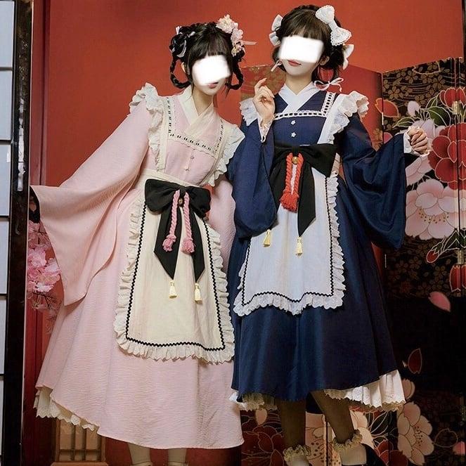 和ロリ 着物 ロングワンピース ドッキング エプロン セット 2color