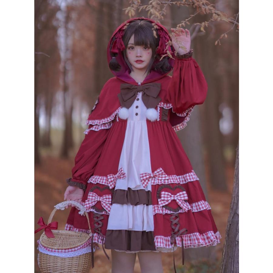 赤ずきんちゃんフルセット - ちょう結びディテール エンパイアウエストスイートワンピース + フード付きケープ_2