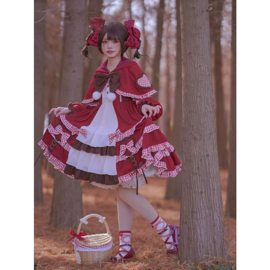 赤ずきんちゃんフルセット - ちょう結びディテール エンパイアウエストスイートワンピース + フード付きケープ_3