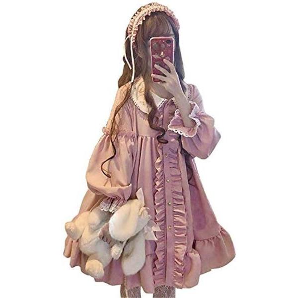 ワンピース ロリータ 長袖 ゴスロリ アンクルージュ メンヘラ 服 ロリィタ 丸襟 可愛い ピンク お嬢様 ミリタリー フリル レース