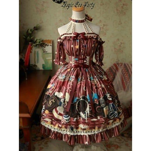 ロリータ服 サーカスプリント柄 肩出しワンピース 膝丈 甘ロリ