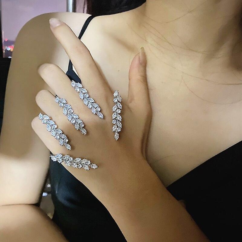 女性キュービックジルコニアリンク指リングリーフワンピースハンドレットブレスレットウェディングジュエリーのためのトレンディなハンドパームカフバングル_3