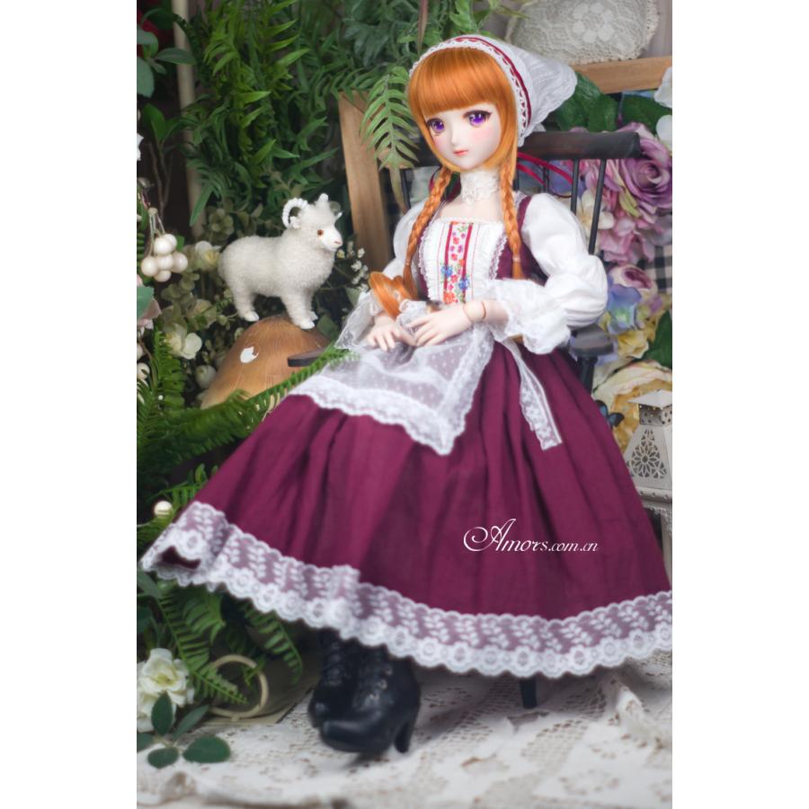 1/6BJD，YOSD，幼SD 牧場少女 セット服 ワインレッド スーパードルフィー 人形洋服 オーダー