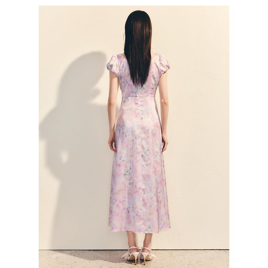 レース 服 花模様のレース装飾パフスリーブワンピースの画像