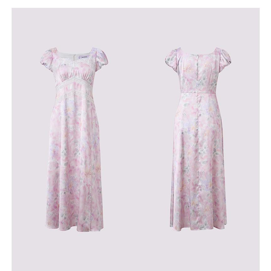レース 服 花模様のレース装飾パフスリーブワンピースの画像