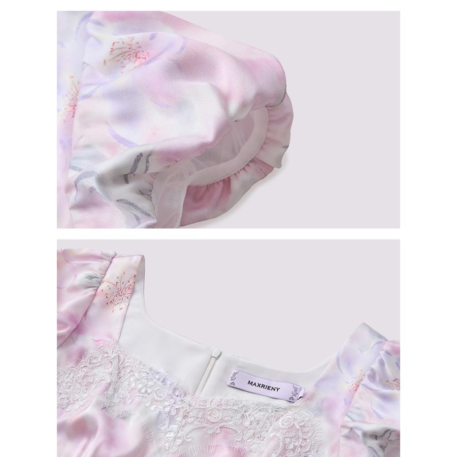 レース 服 花模様のレース装飾パフスリーブワンピースの画像