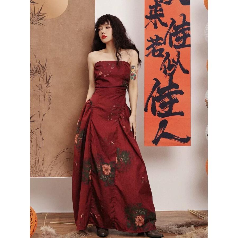 ベアトップ 花柄 フラワー 黒 赤 ドレス 和柄 ワンピース : 長楽