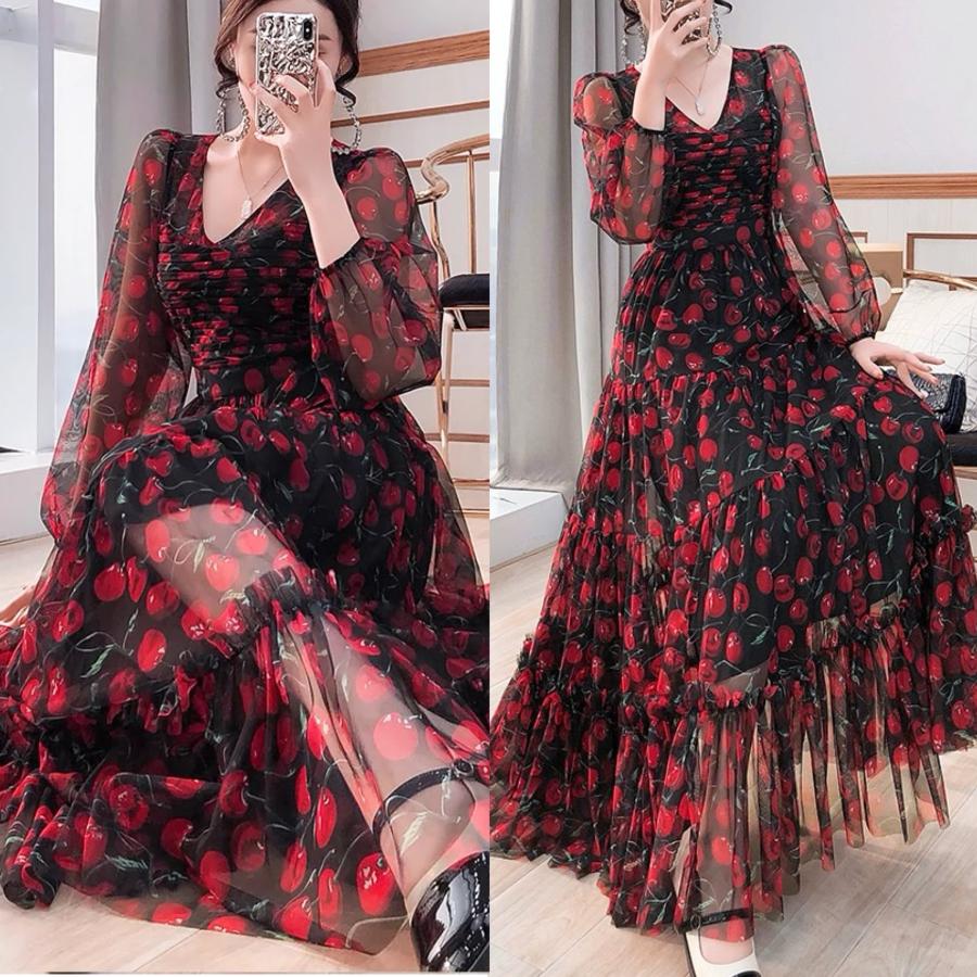 赤 黒 さくらんぼ マキシ ワンピース 花柄 フラワー 黒 エレガント XL