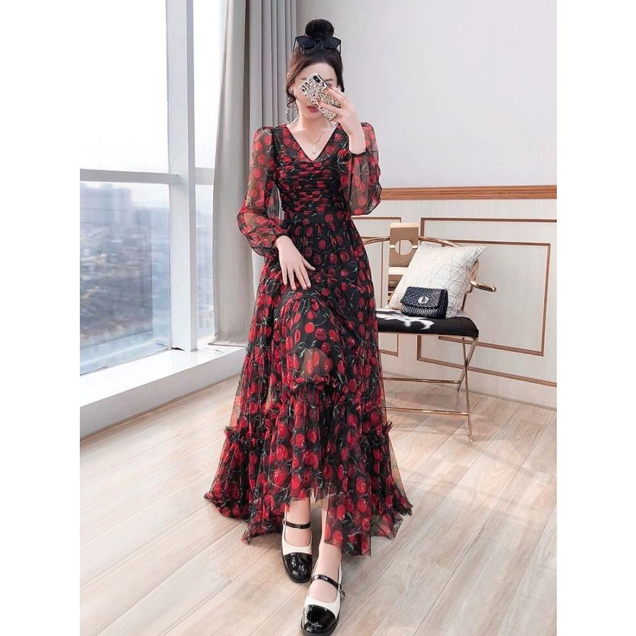 赤 黒 さくらんぼ マキシ ワンピース 花柄 フラワー 黒 エレガント XL