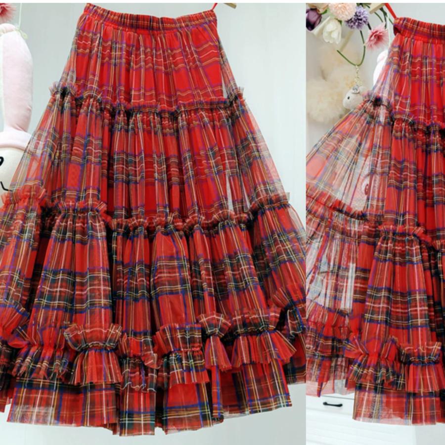 赤 チェック スカート マキシ ガーリー 可愛い : 長楽ストア - 通販