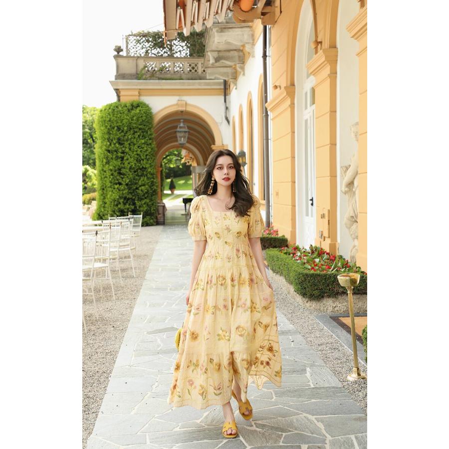 黄色　フラワー　花柄　ワンピース　ゆったり　エレガント_2