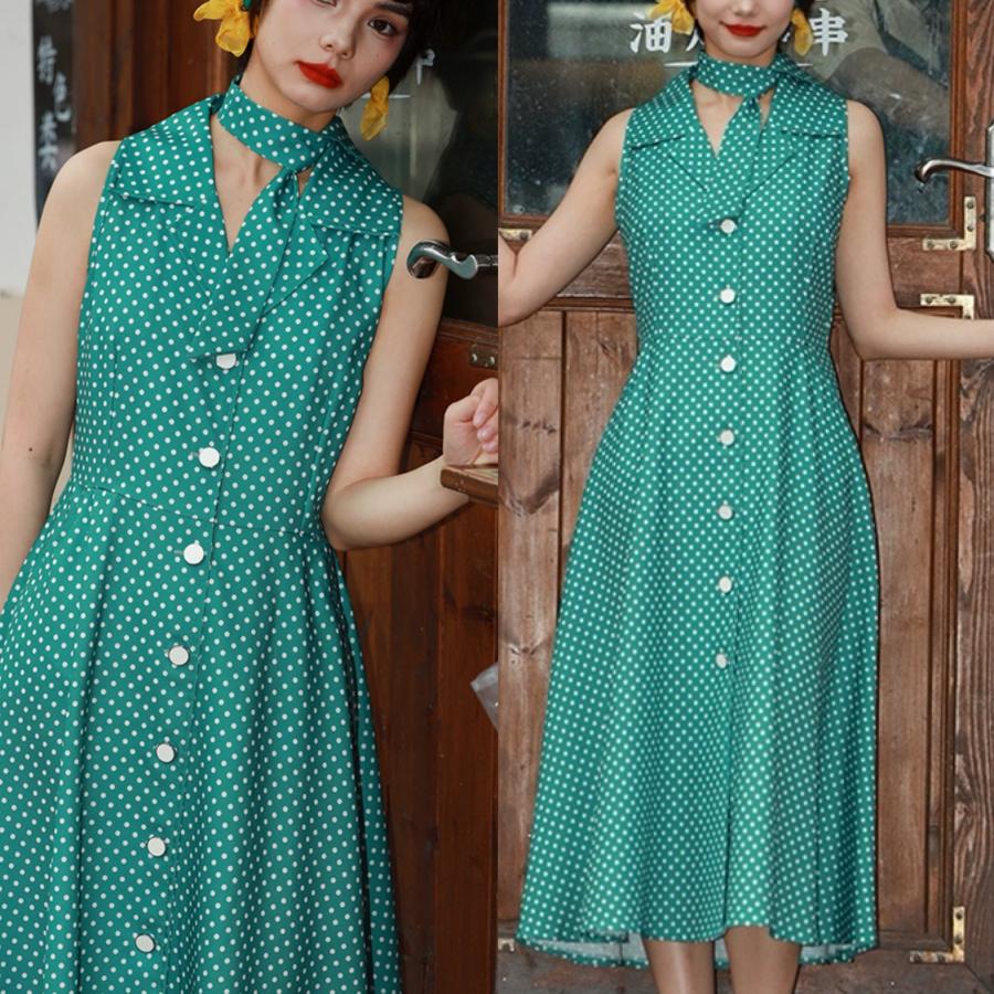 緑 水玉 ドット グリーン クラシック ガーリー レトロ 丸襟 ブラウス