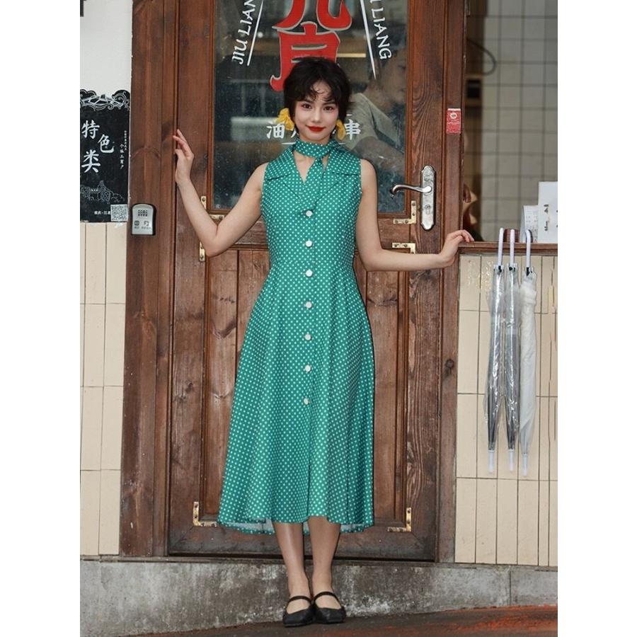 緑 水玉 ドット グリーン クラシック ガーリー レトロ 丸襟