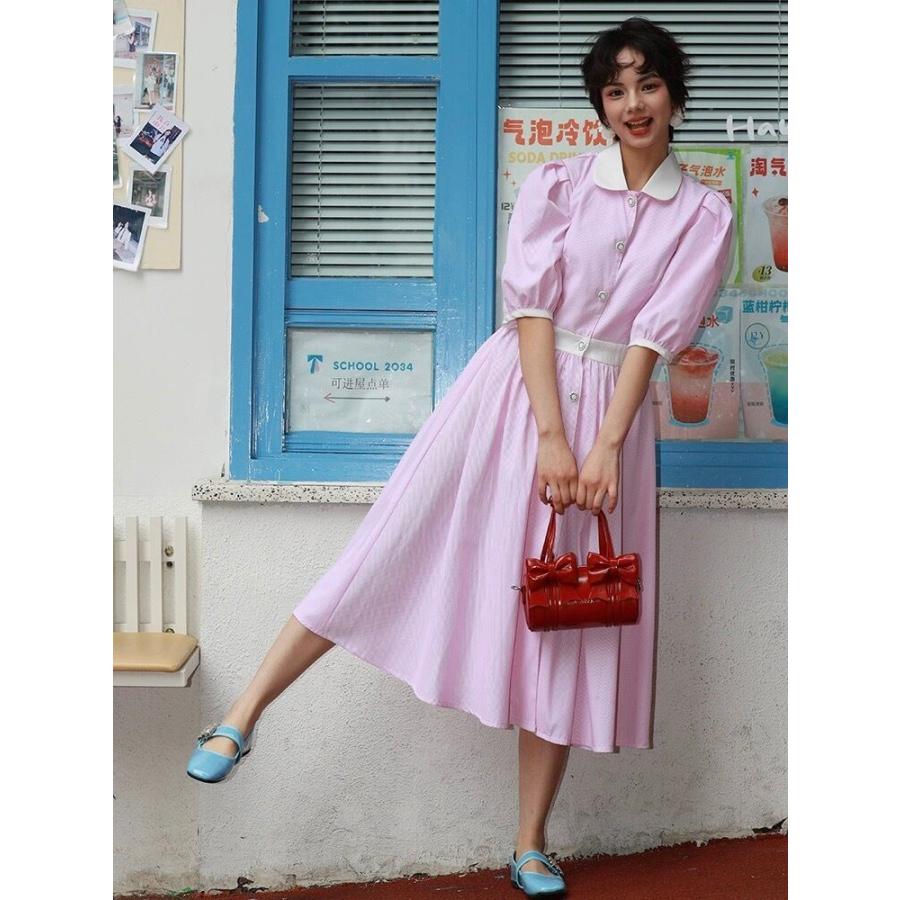 ピンク ストライプ 半袖ワンピース フリル ファミリア ベビーピンクストライプ柄の半袖ワンピース 110