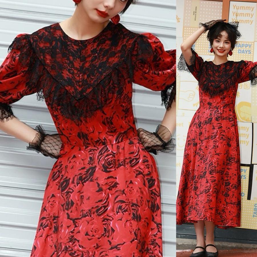 昭和レトロ 花柄ボウタイワンピース 赤黒 クラシカル ロング丈 赤 花柄 フラワー 黒 レース クラシック ガーリー レトロ 丸襟