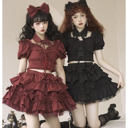 新品 赤 メイド服 可愛い フリル セットアップ : 長楽ストア - 通販