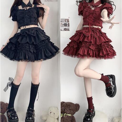 赤いフリルデザインセットアップ 新品 赤 メイド服 可愛い フリル セットアップ : 長楽ストア - 通販