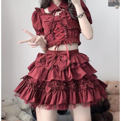 赤いフリルデザインセットアップ 新品 赤 メイド服 可愛い フリル セットアップ : 長楽ストア - 通販