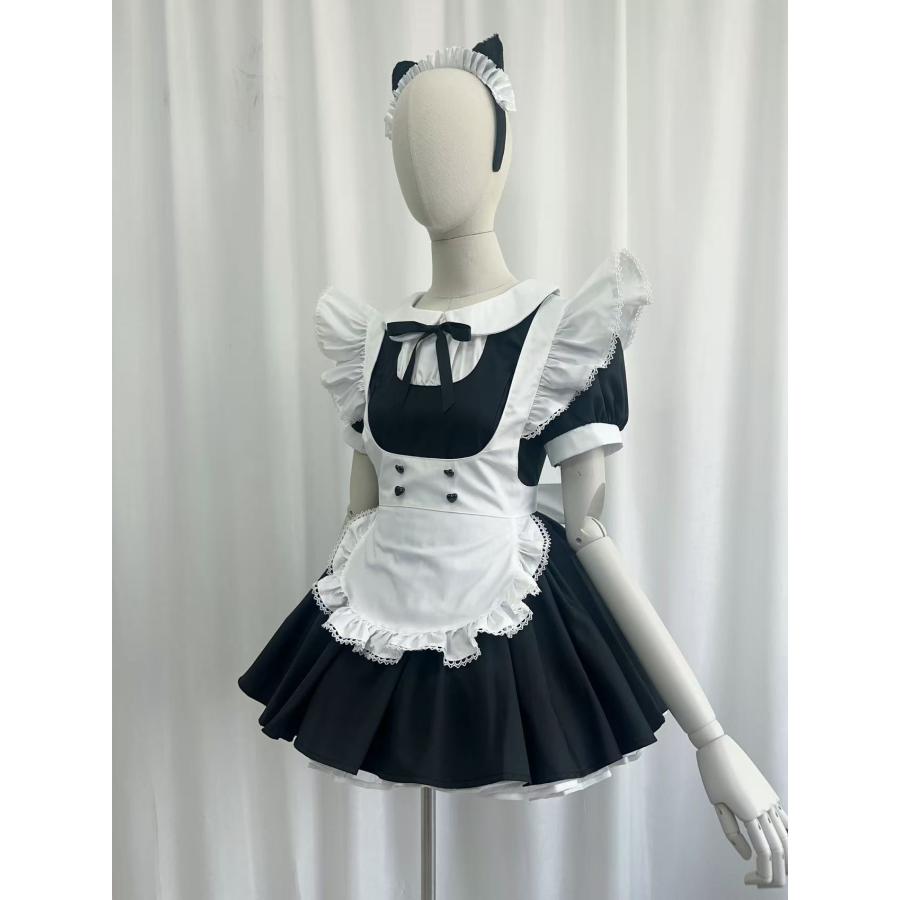 メイド服 丸襟リボン付きハート刺繍前掛けメイド服_3