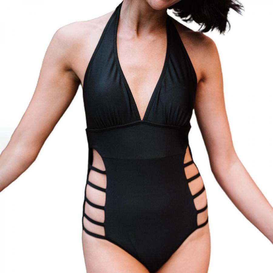 女性プランジVネックワンピース水着ホルターオープンバック入浴スーツハイレッグカットアウト水着、ブラック、_1