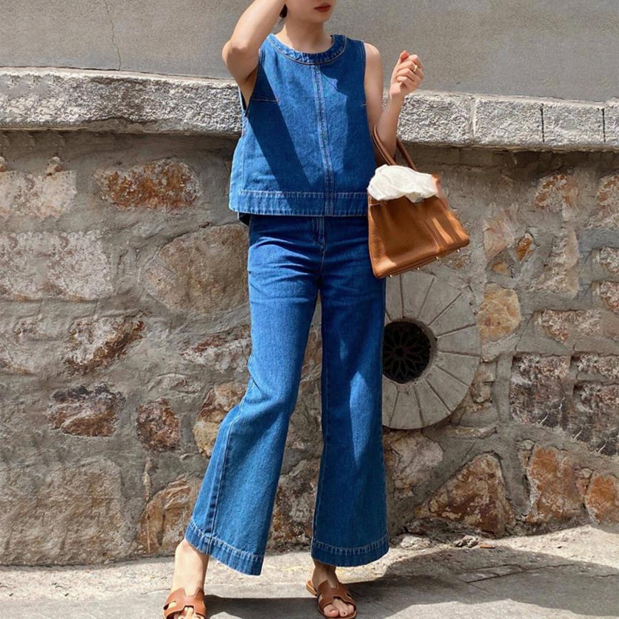 デニムノースリーブトップス×フレアパンツセット N2626 : 長楽ストア