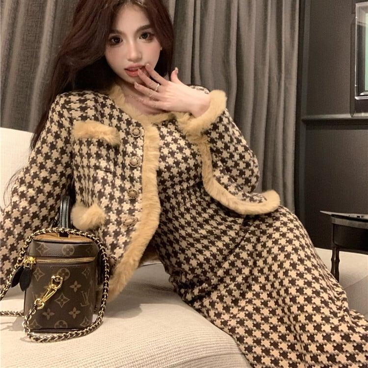 ROPE 新品タグ付き 千鳥格子 ロングワンピース 38 フレア 日本製 上品 千鳥格子ショートコート×キャミワンピースセット M28261 : 長楽ストア