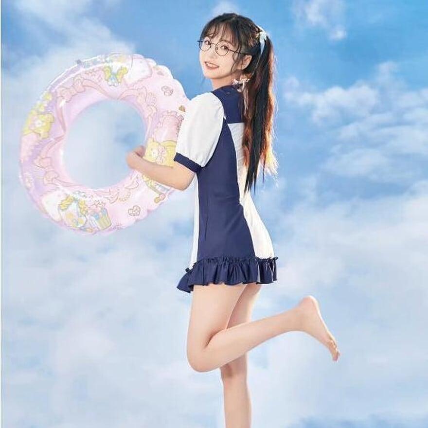 ガーリー 甘め リボン 水着 可愛い ワンピース ロリータ フリル : 長楽
