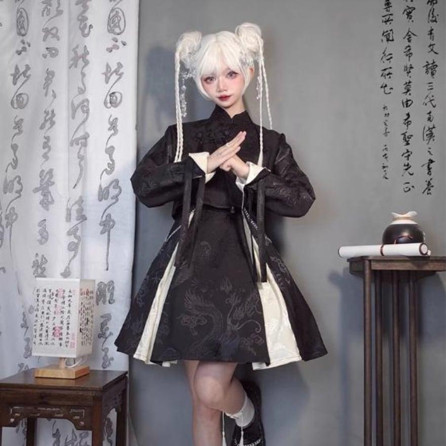 美品軍服風チャイナゴシック飾り紐ショートコートブラック