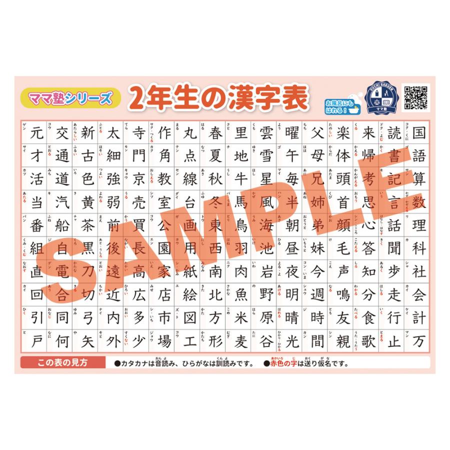 小学2年生で習う漢字一覧表　ポスター　家庭学習　知育　勉強　国語　小学生　2年生 2年生の漢字表 学習用ポスター 勉強ポスター【B3＋A4 2枚セット