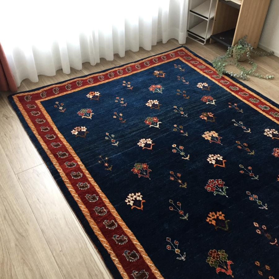 手織りウール100％ ラグ カーペット 1.5畳 高級感 ネイビー タジギャベ