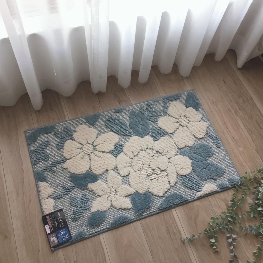 玄関マット 室内 屋内 おしゃれ 花柄 上品 滑り止め加工 洗える ブルー