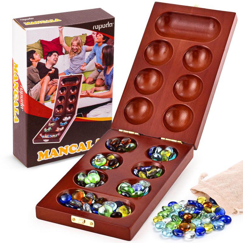 ropoda Mancala ボードゲームセット 折りたたみラバーウッドボード 72+8マルチカラーガラスストーン&ストーンストレージバッグ