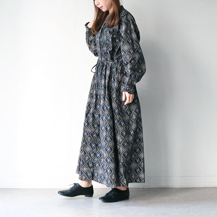 sosotto（ソソット） 格子花柄ピンタックウエストドロストワンピース