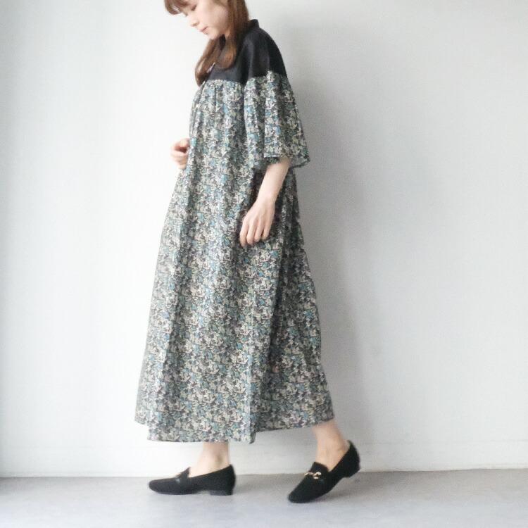 sosotto（ソソット） リバティタナローン×無地 ギャザーワンピース 6分